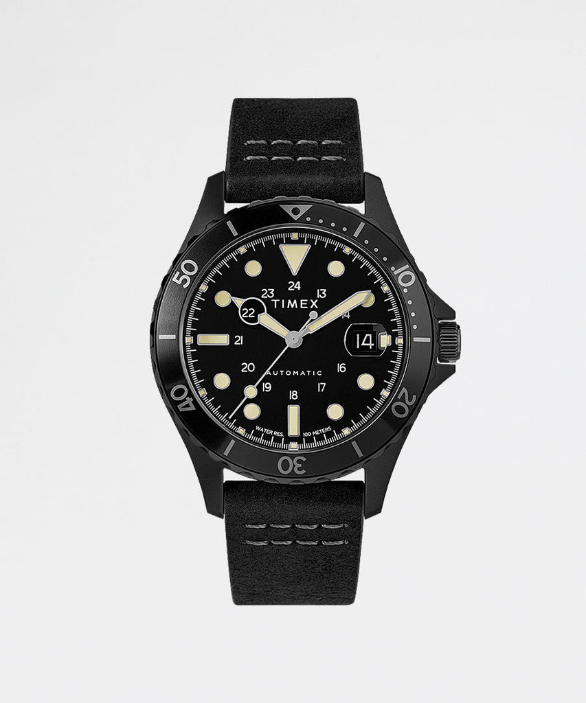 Navi XL Automatic 41mm Black Case Black Dial Black Leather Strap-Timex Archive-watches