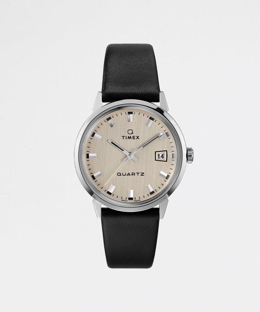 Q Dress Reissue Date SST Silver Dial Black Leather Strap-Timex Archive-watches